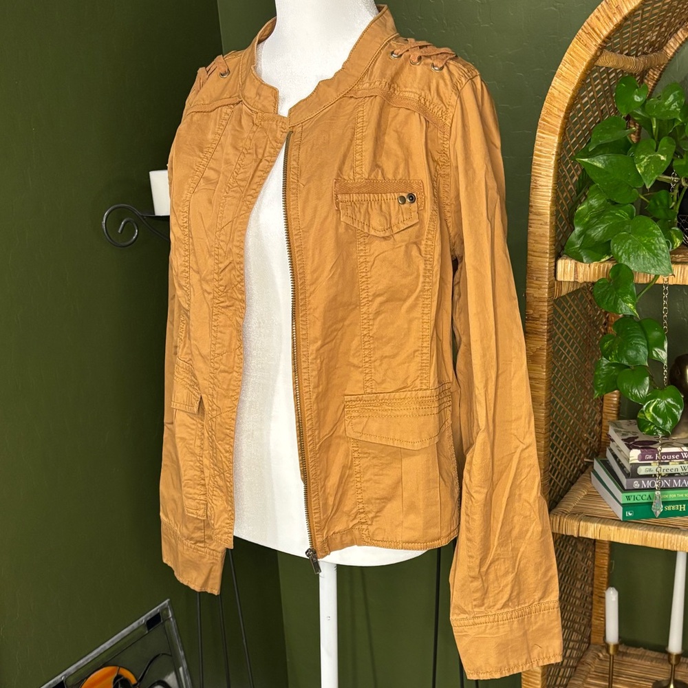 Maurice’s Mustard Yellow Lace Up Shoulder Detail Zip Up Utility Bomber Jacket